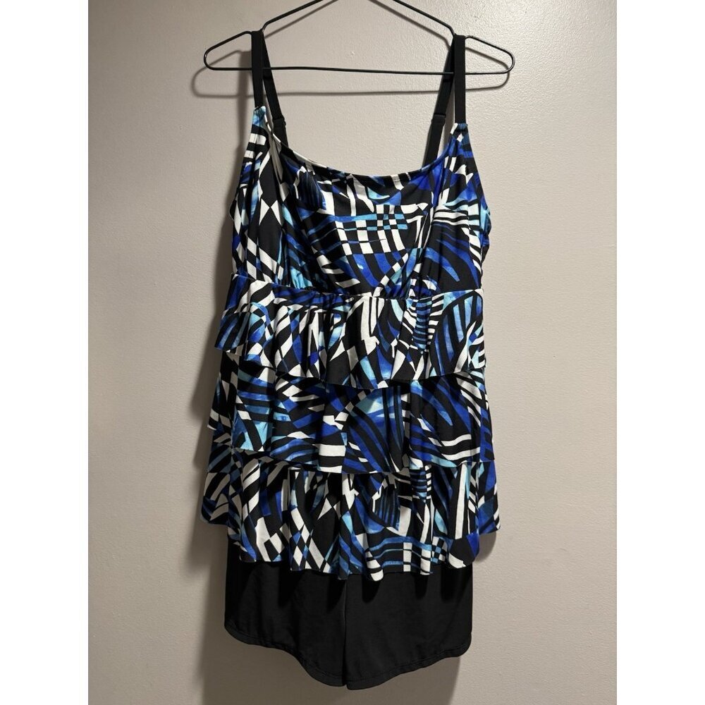 Longitude Size 12 Black Abstract Artsy One Piece Swimsuit Modest Coverage Mature